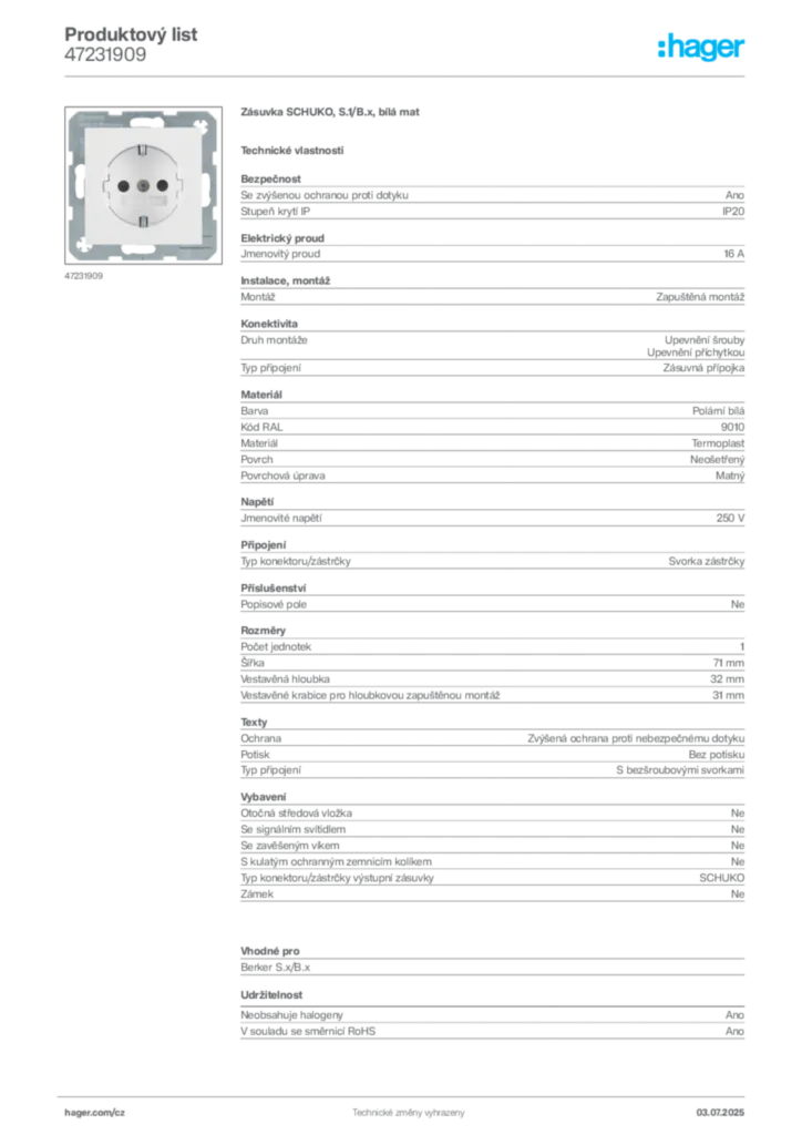 Obrázek Hager Product data sheet 47231909 | Hager