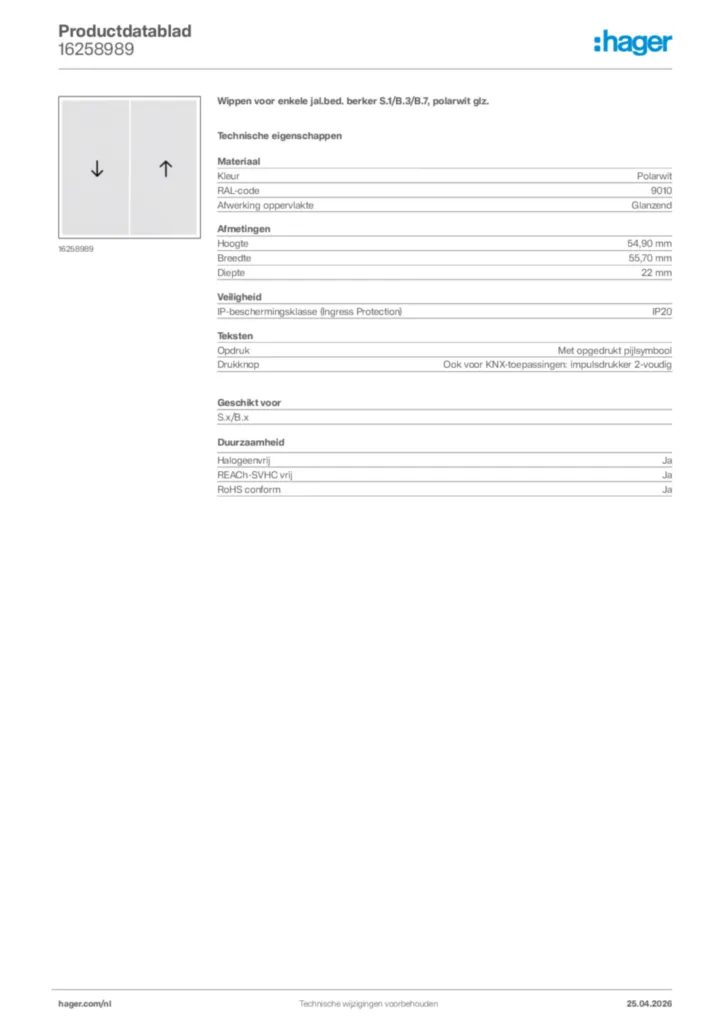 Afbeelding Hager Productdatablad 16258989 | Hager Nederland