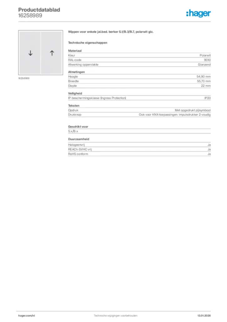 Afbeelding Hager Productdatablad 16258989 | Hager Nederland