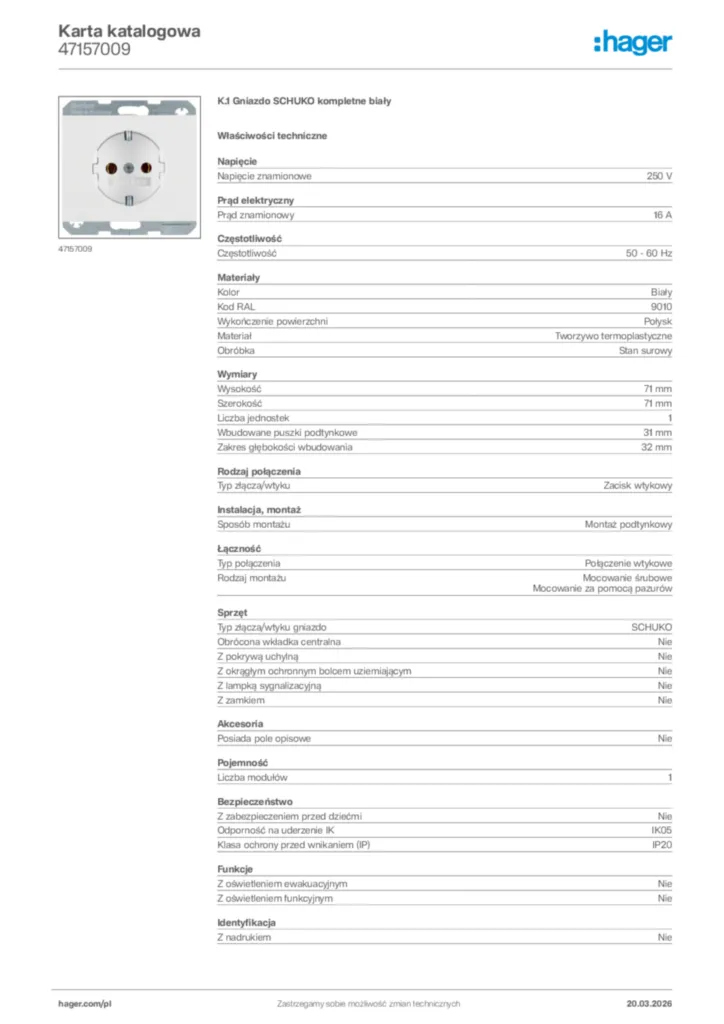 Zdjęcie Hager Karta katalogowa 47157009 | Hager Polska