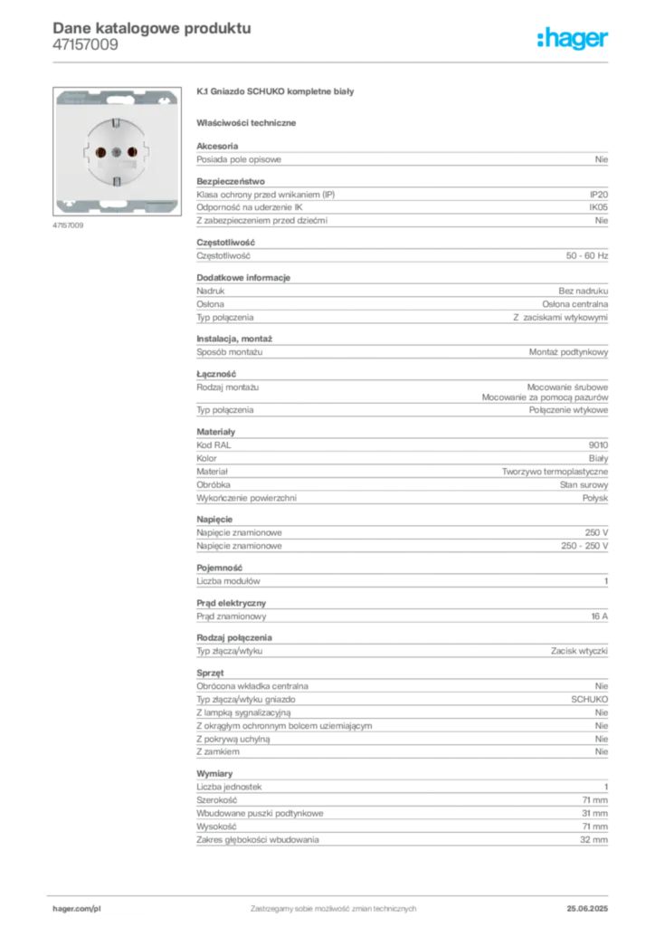 Zdjęcie Hager Dane katalogowe produktu 47157009 | Hager Polska