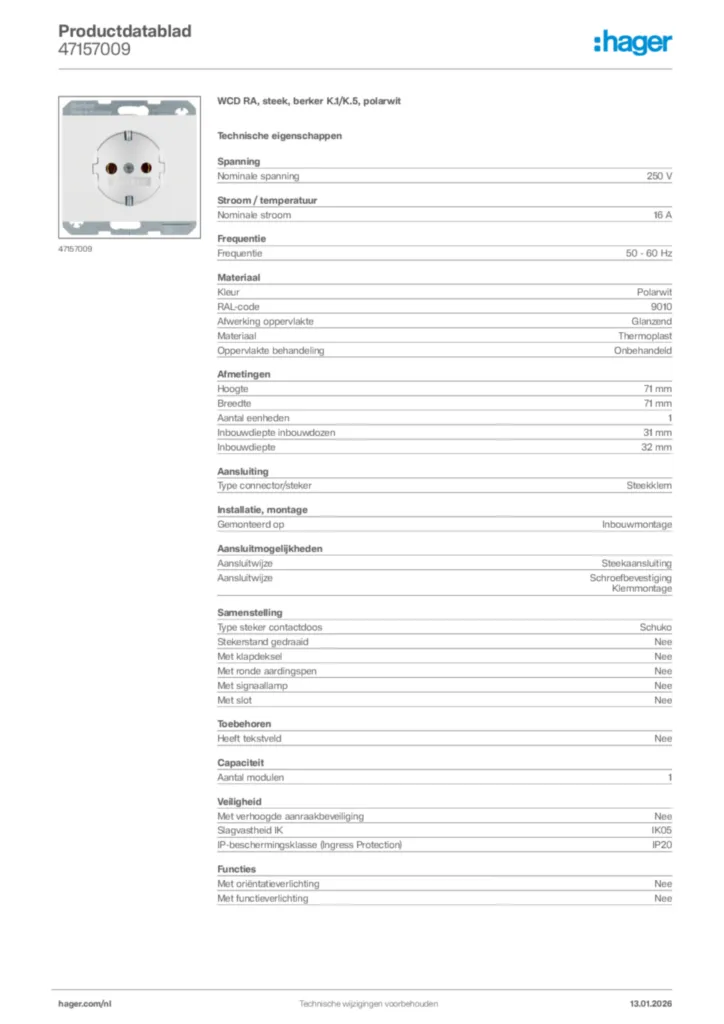 Afbeelding Hager Productdatablad 47157009 | Hager Nederland