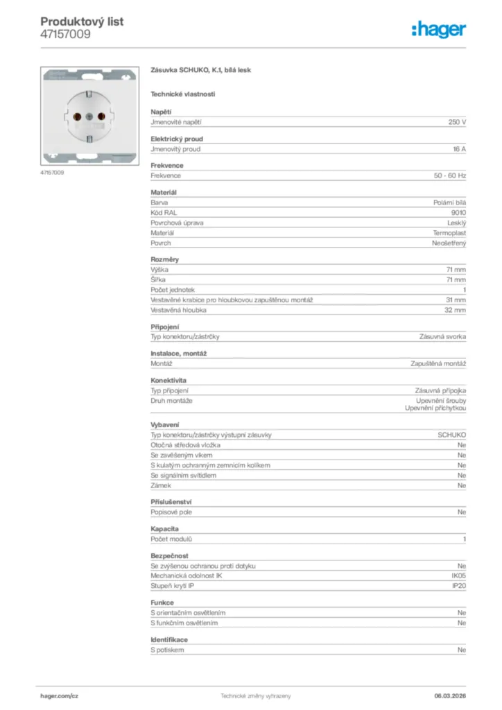 Obrázek Hager Product data sheet 47157009 | Hager