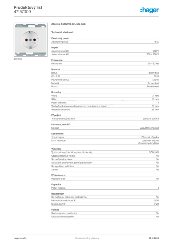 Obrázek Hager Product data sheet 47157009 | Hager