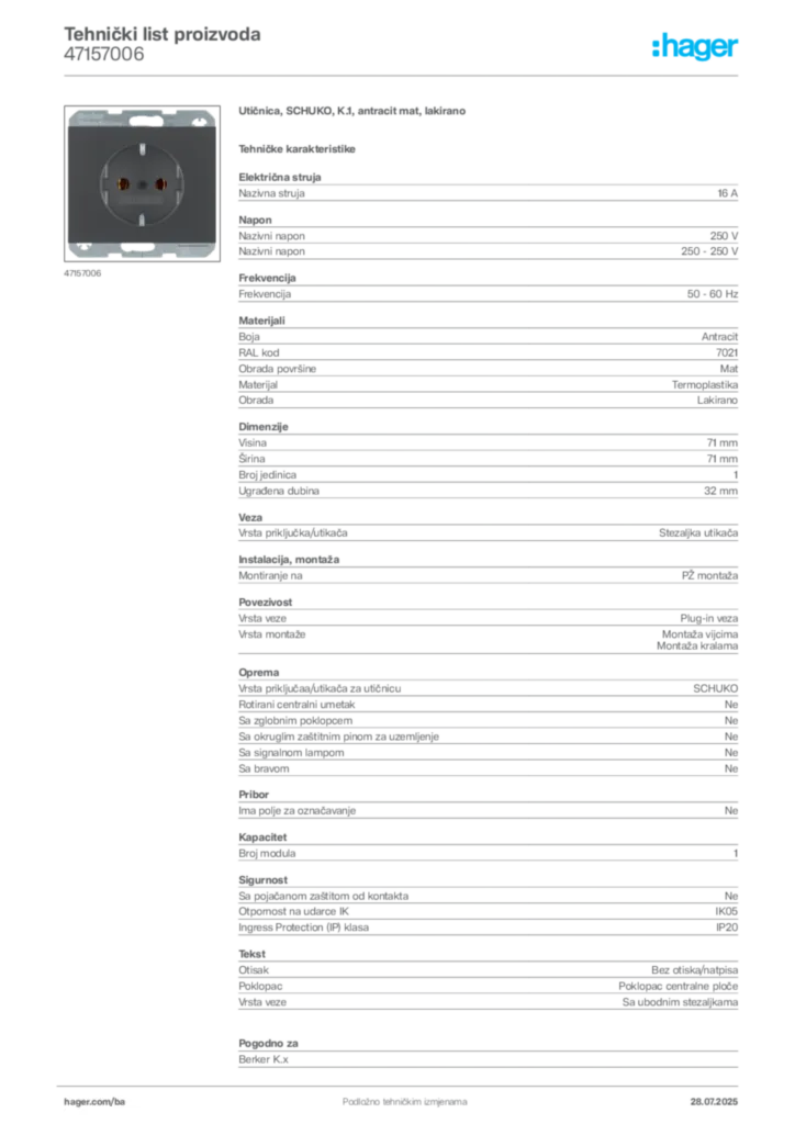 Slika Hager Product data sheet 47157006  | Hager