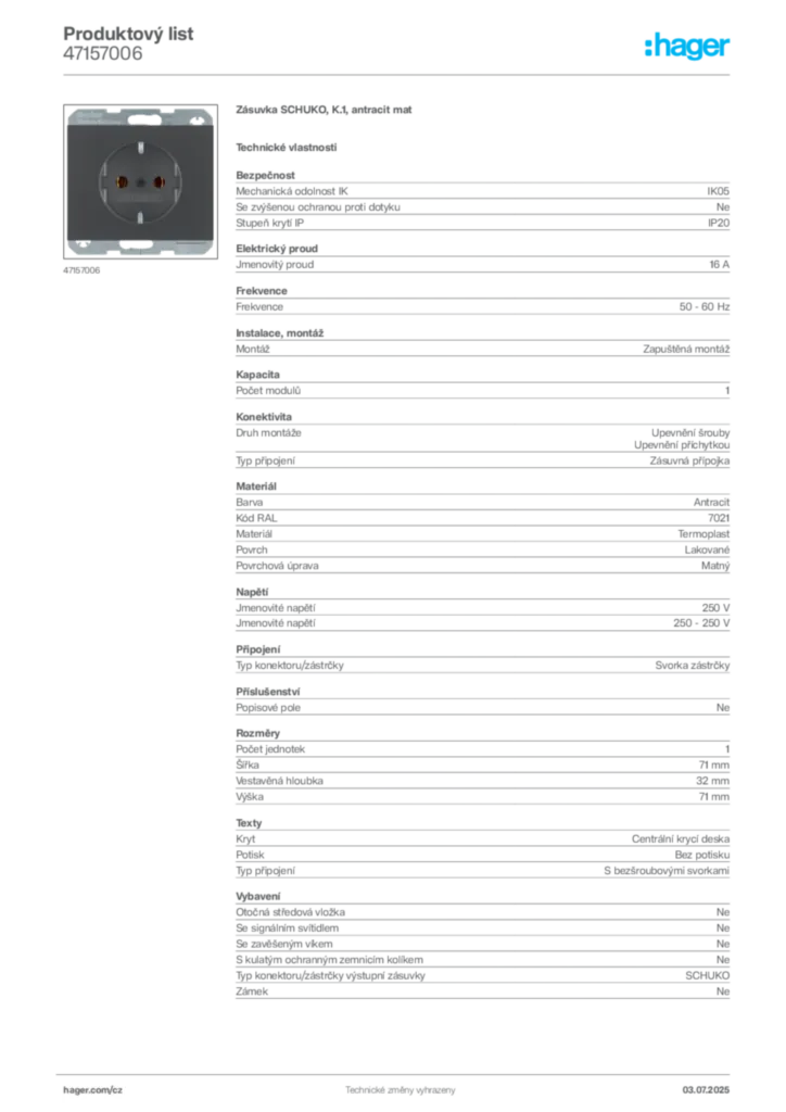 Obrázek Hager Product data sheet 47157006 | Hager