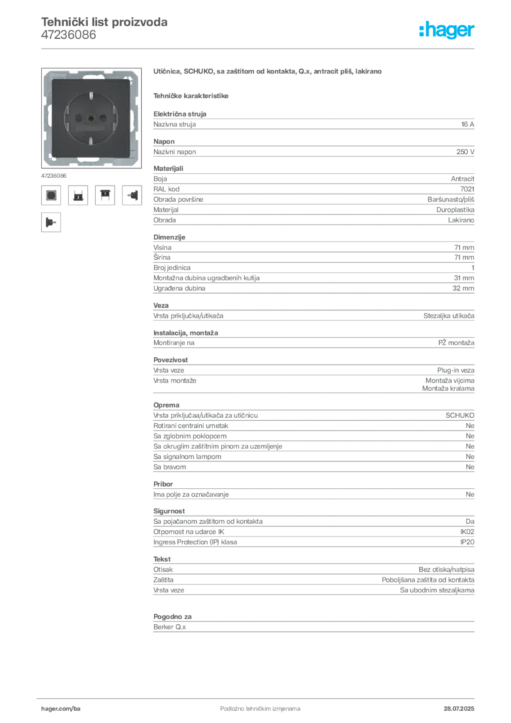 Slika Hager Product data sheet 47236086  | Hager
