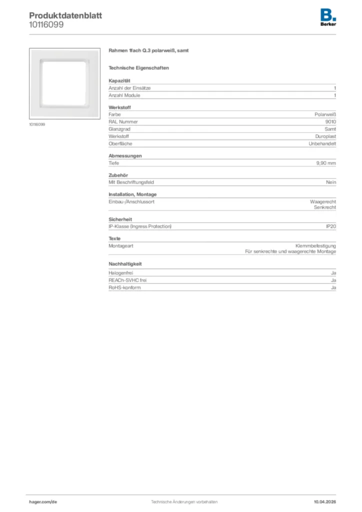 Bild Berker Produktdatenblatt 10116099 | Hager Deutschland