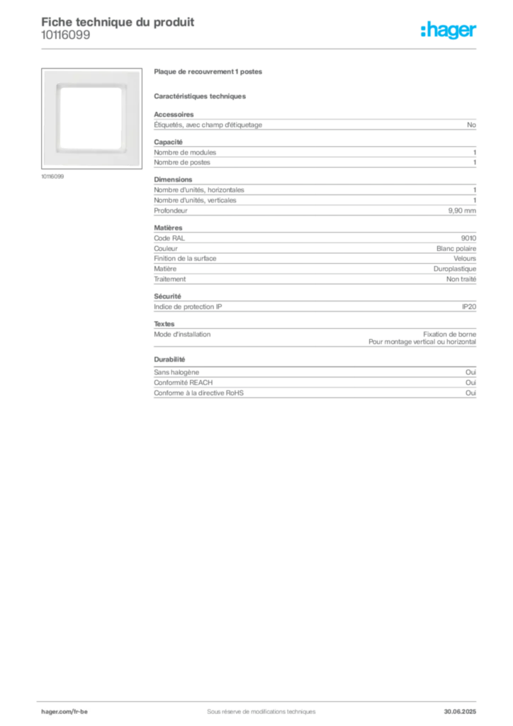 Image Hager Fiche technique du produit 10116099 | Hager Belgique