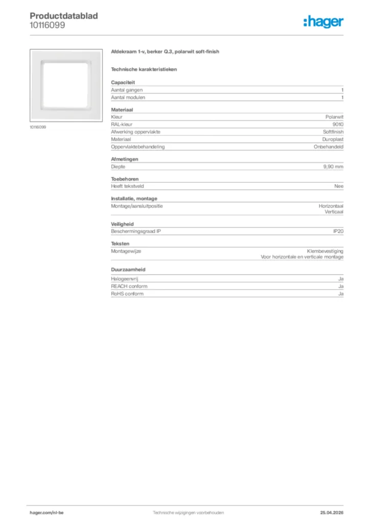 Afbeelding Hager Productdatablad 10116099 | Hager Belgium