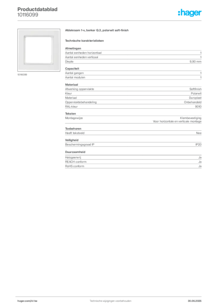 Afbeelding Hager Productdatablad 10116099 | Hager Belgium