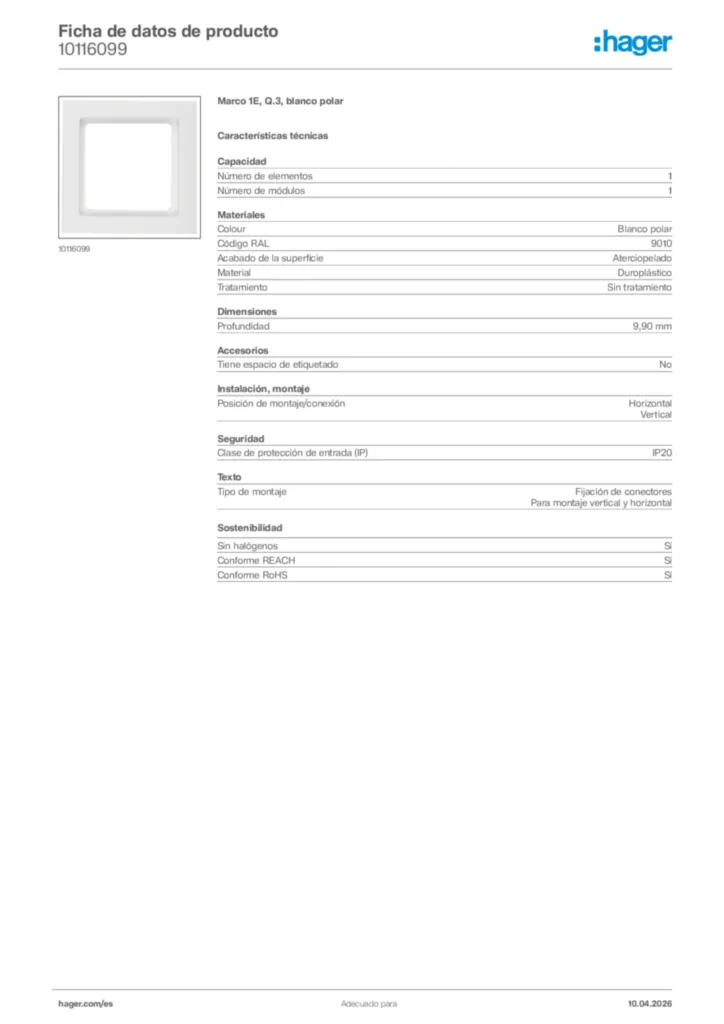 Imagen Hager Ficha de datos de producto 10116099 | Hager España