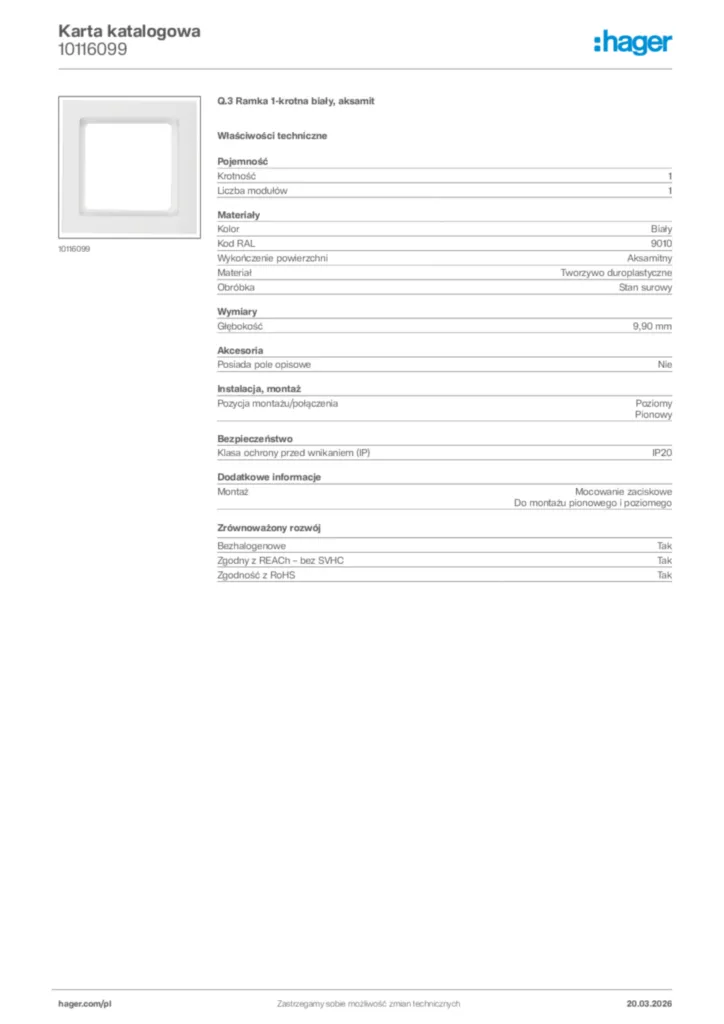 Zdjęcie Hager Karta katalogowa 10116099 | Hager Polska