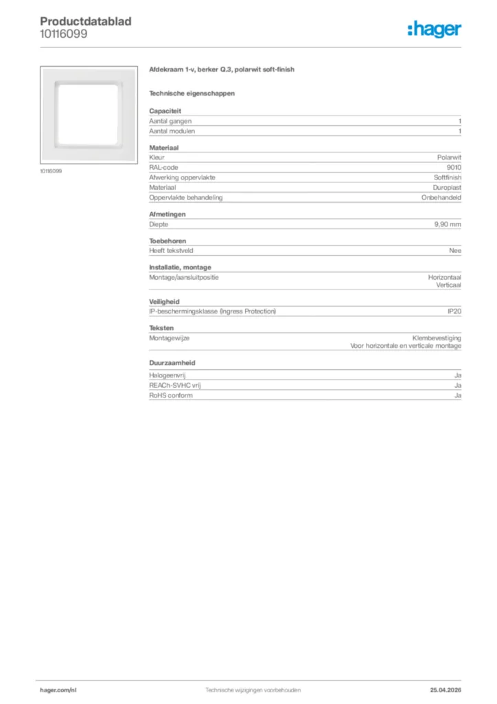 Afbeelding Hager Productdatablad 10116099 | Hager Nederland