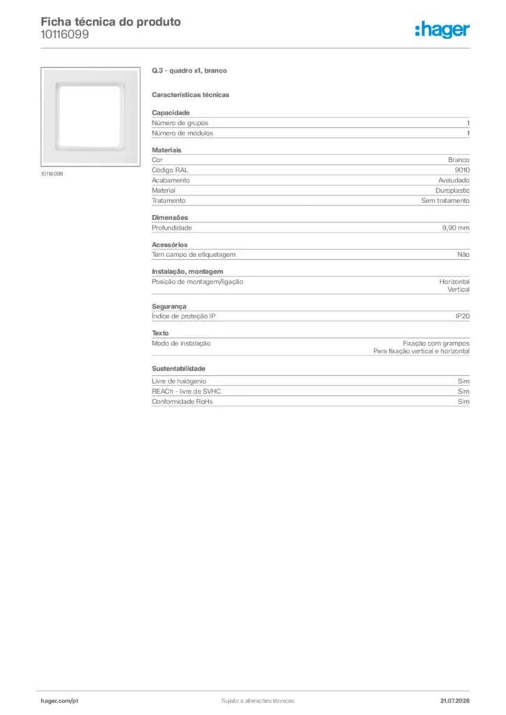 Imagem Hager Ficha técnica do produto 10116099 | Hager Portugal