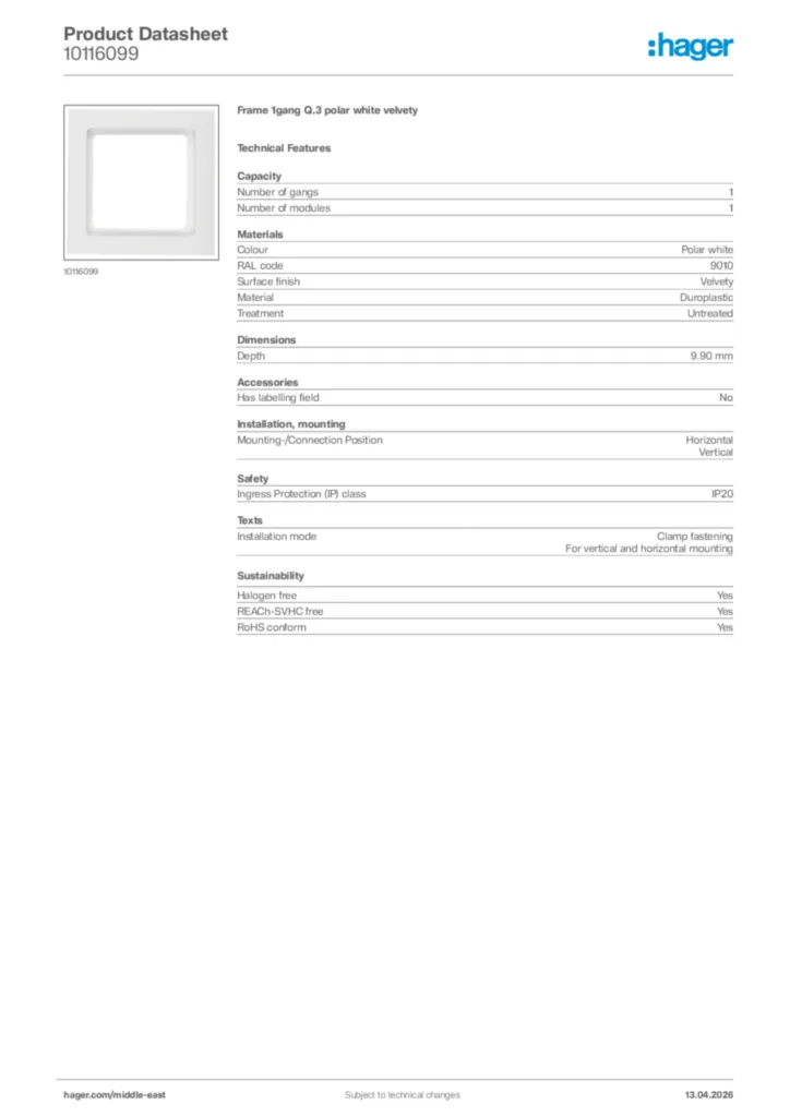 Image Hager Product data sheet 10116099  | Hager