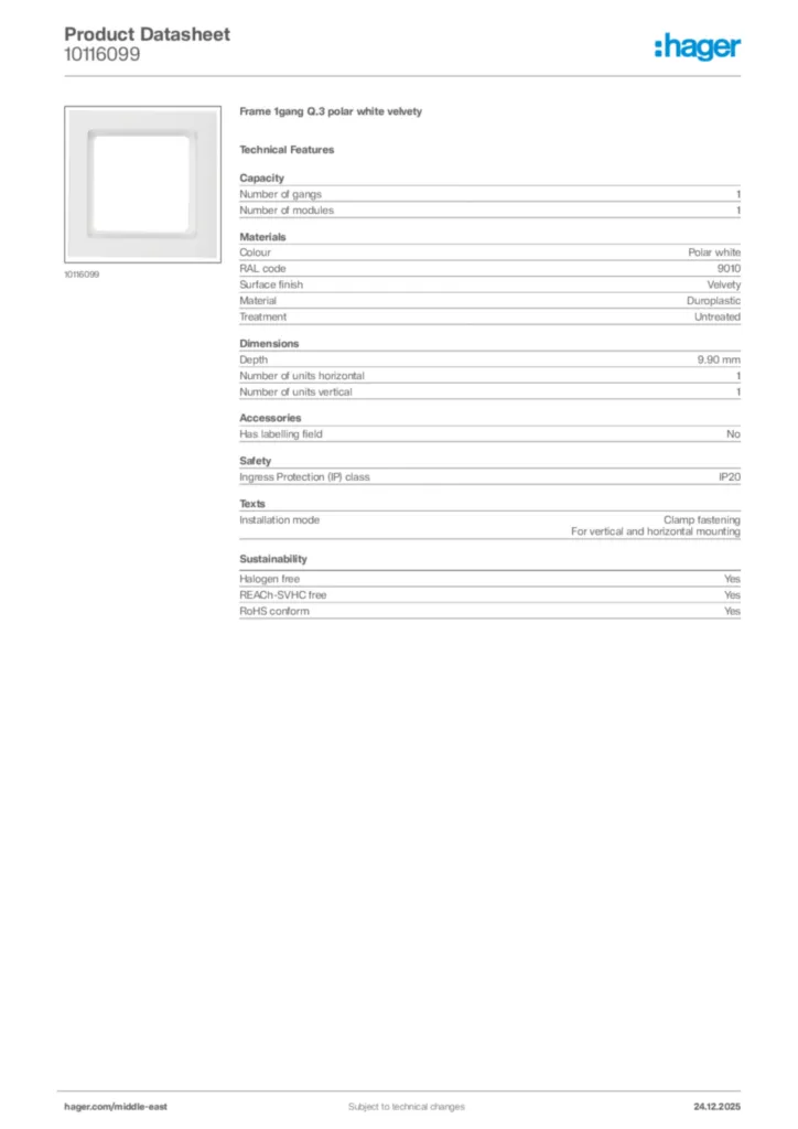Image Hager Product data sheet 10116099  | Hager