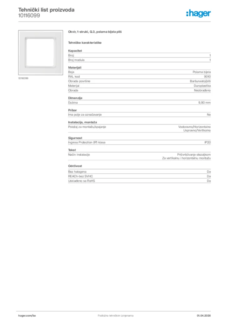 Slika Hager Tehnički list proizvoda 10116099  | Hager