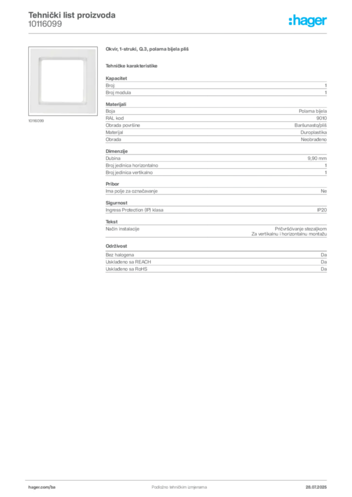 Slika Hager Product data sheet 10116099  | Hager