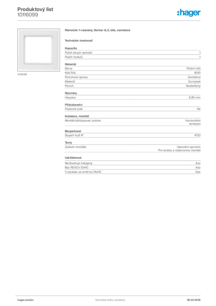 Obrázek Hager Product data sheet 10116099 | Hager