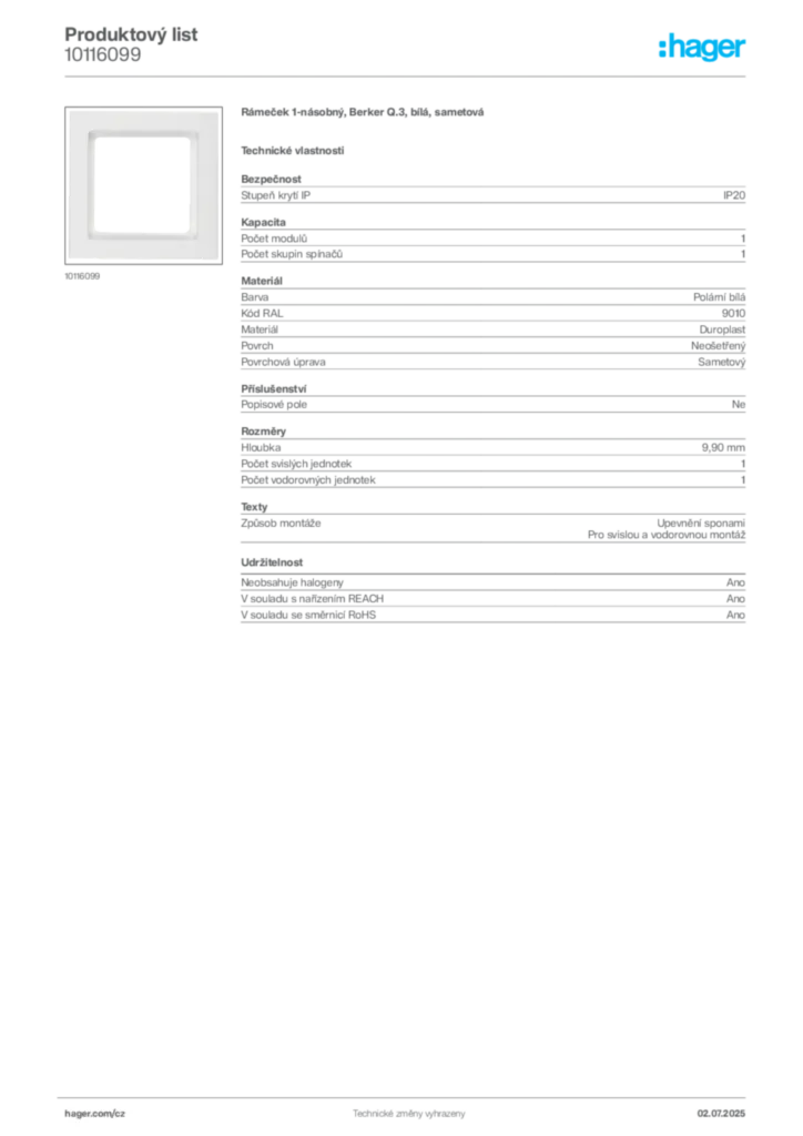 Obrázek Hager Product data sheet 10116099 | Hager