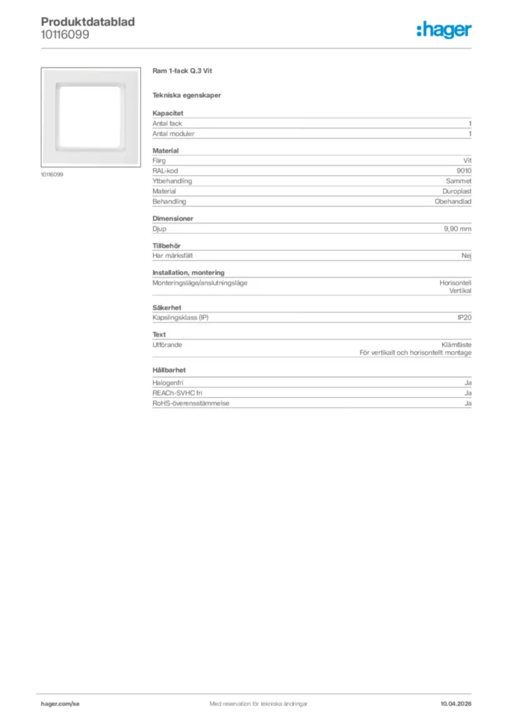 Bild Hager Produktdatablad 10116099 | Hager Sverige