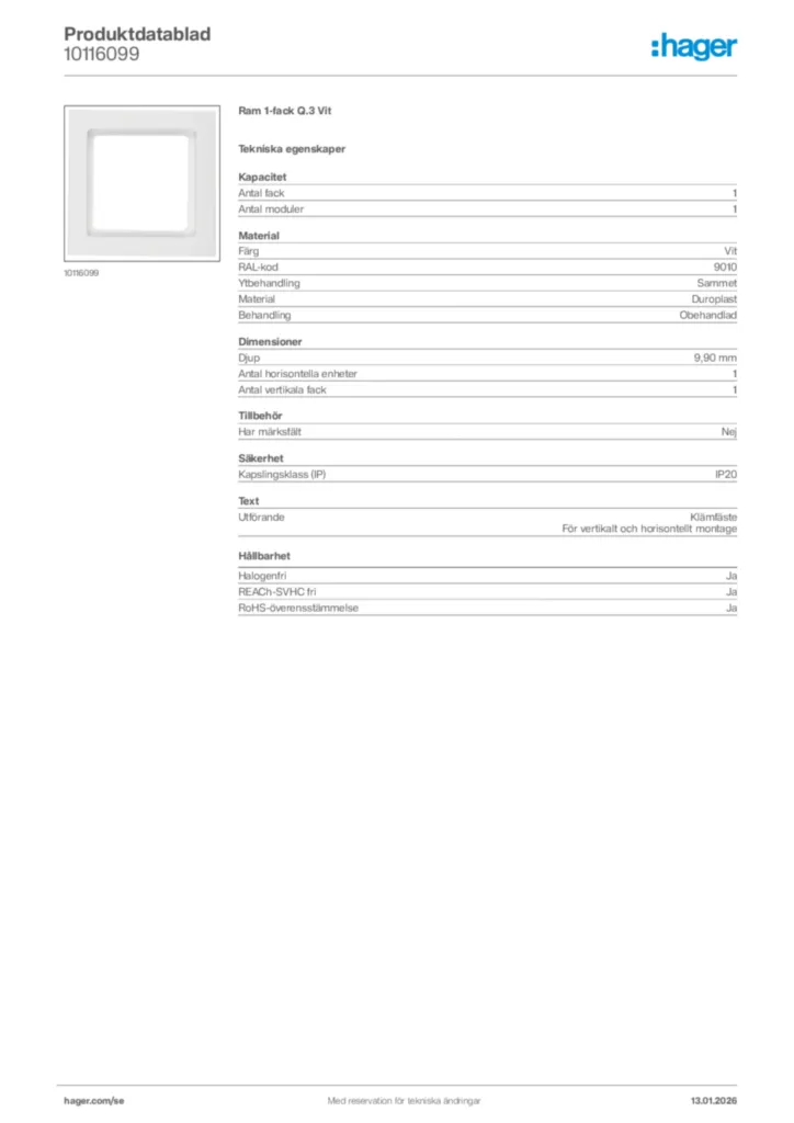 Bild Hager Produktdatablad 10116099 | Hager Sverige