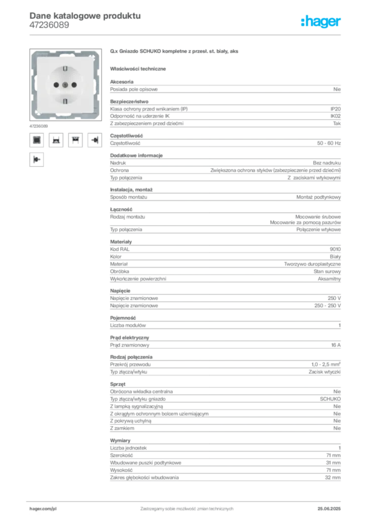Zdjęcie Hager Dane katalogowe produktu 47236089 | Hager Polska