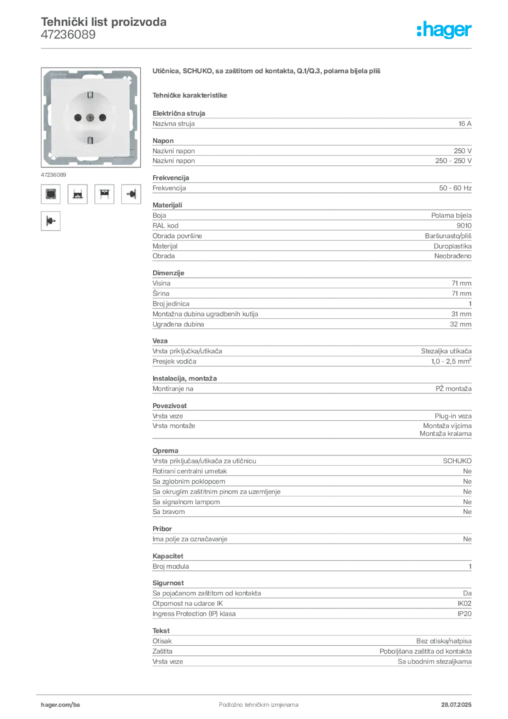 Slika Hager Product data sheet 47236089  | Hager