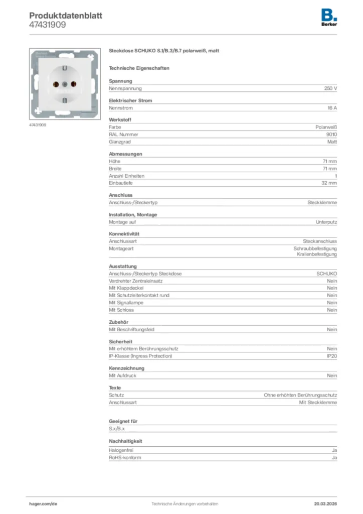 Bild Berker Produktdatenblatt 47431909 | Hager Deutschland