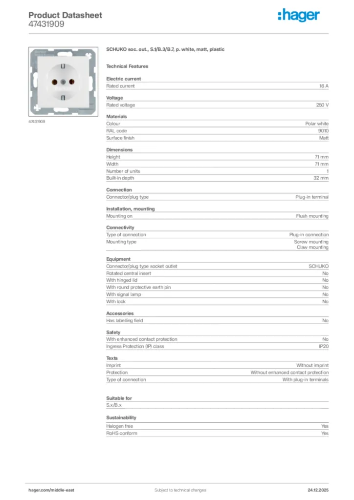 Image Hager Product data sheet 47431909  | Hager