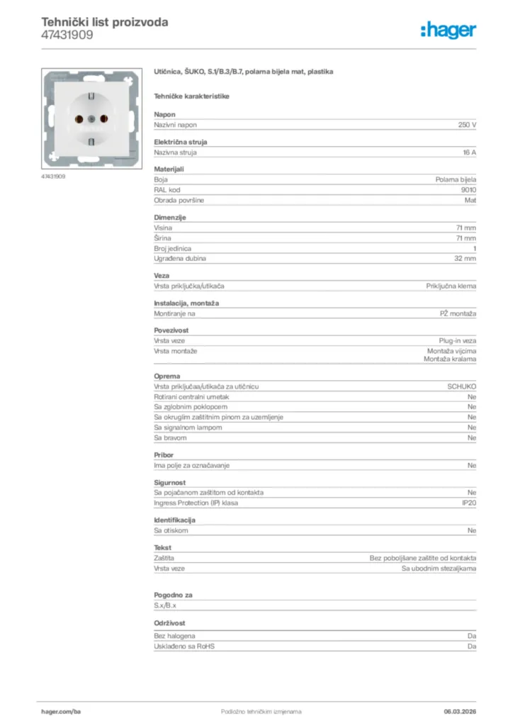 Slika Hager Tehnički list proizvoda 47431909  | Hager