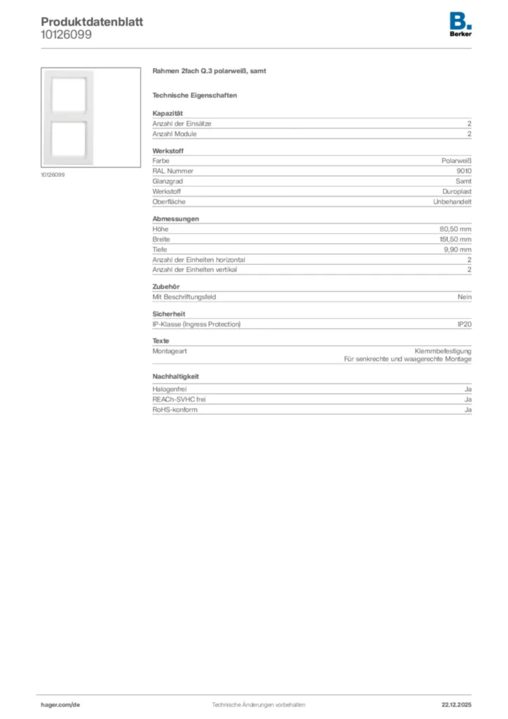 Bild Berker Produktdatenblatt 10126099 | Hager Deutschland