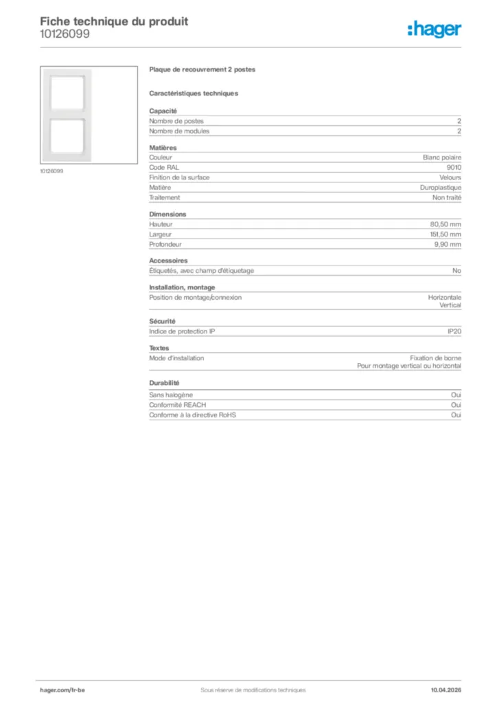 Image Hager Fiche technique du produit 10126099 | Hager Belgique