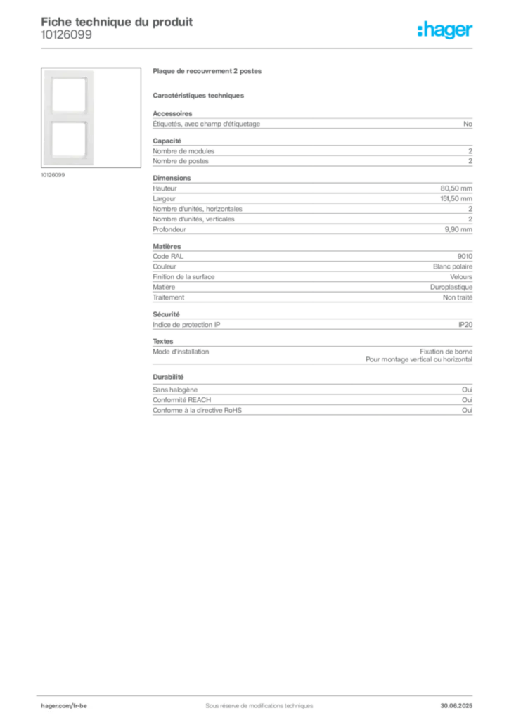 Image Hager Fiche technique du produit 10126099 | Hager Belgique