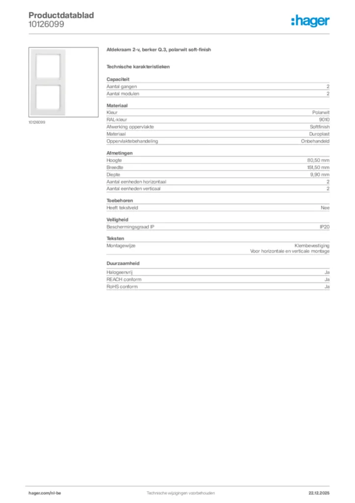 Afbeelding Hager Productdatablad 10126099 | Hager Belgium