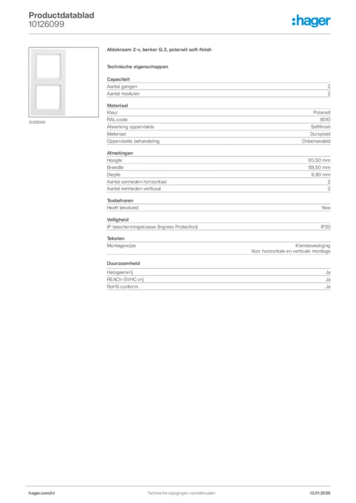 Afbeelding Hager Productdatablad 10126099 | Hager Nederland