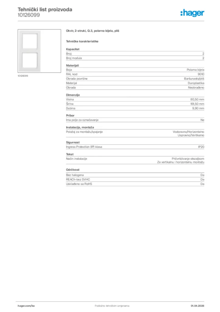 Slika Hager Tehnički list proizvoda 10126099  | Hager