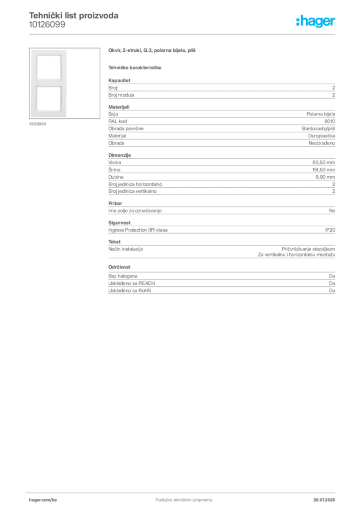 Slika Hager Product data sheet 10126099  | Hager