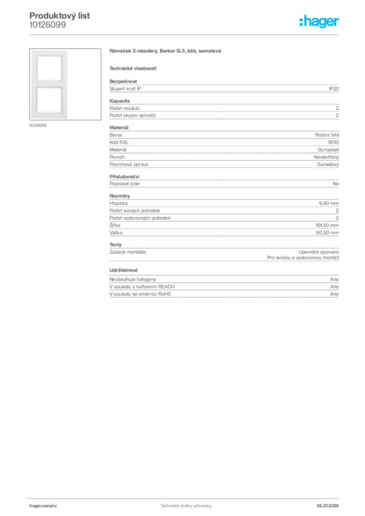 Obrázek Hager Product data sheet 10126099 | Hager