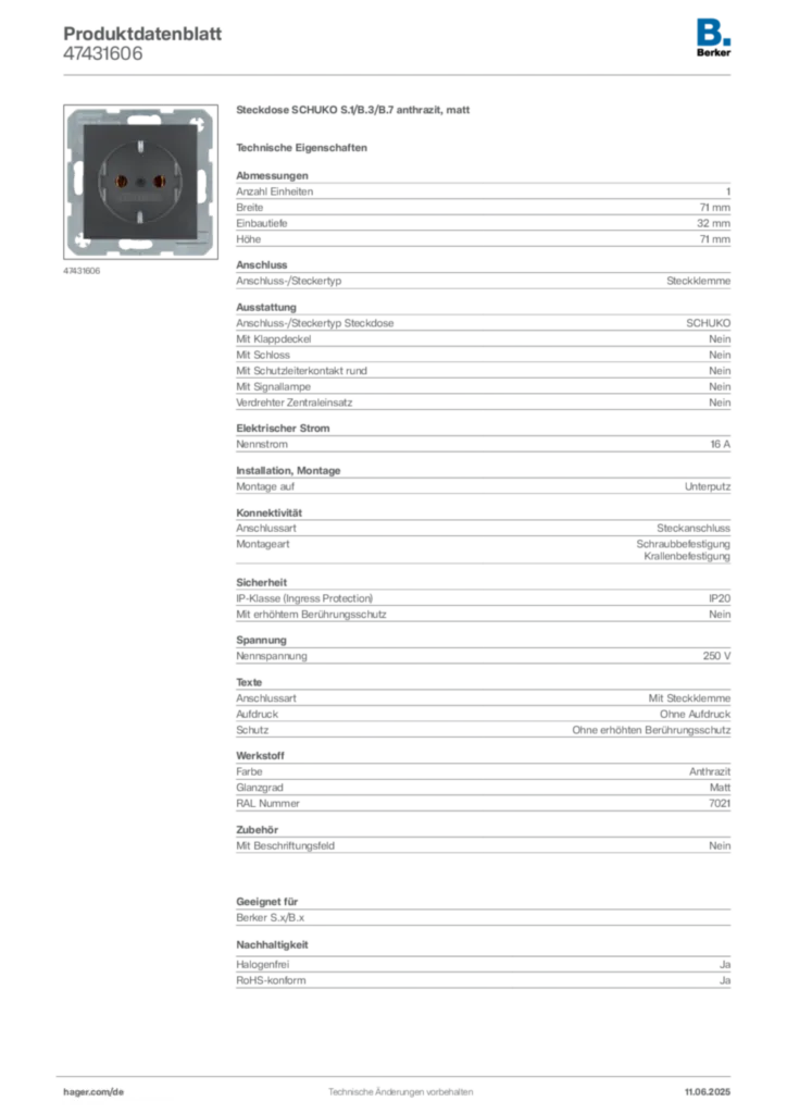 Berker Produktdatenblatt 47431606