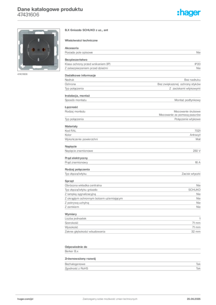 Zdjęcie Hager Dane katalogowe produktu 47431606 | Hager Polska