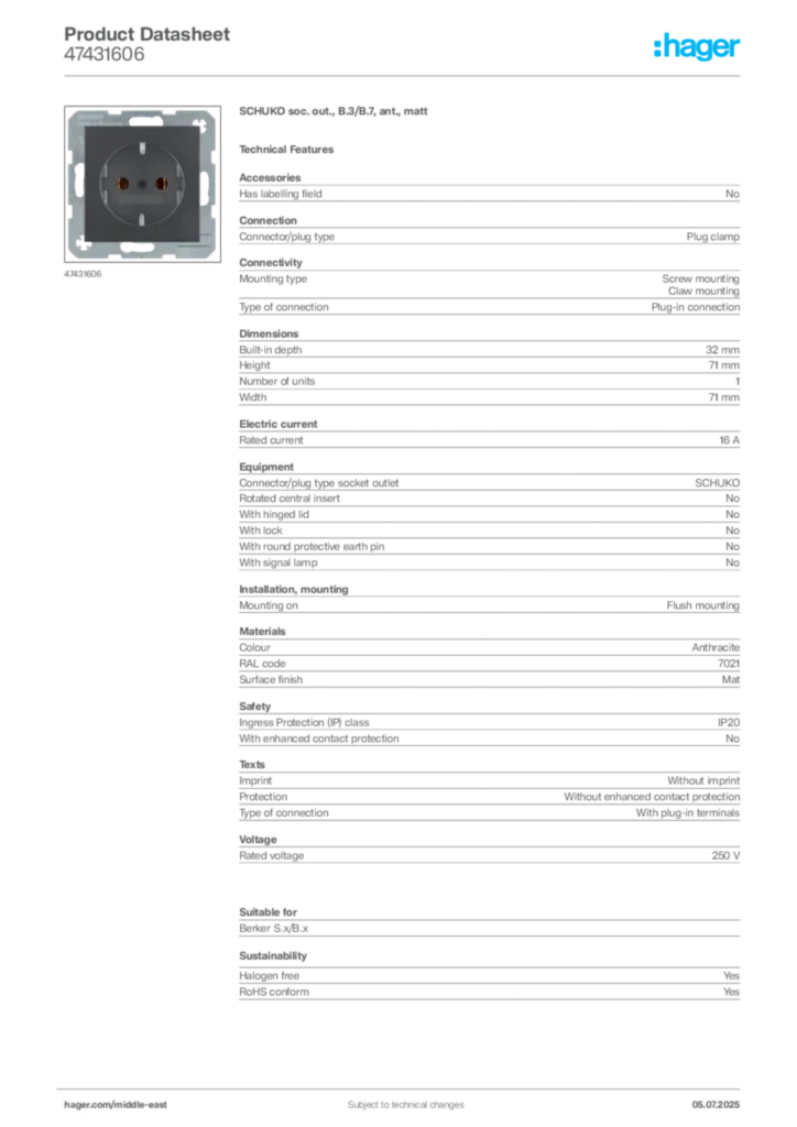 Image Hager Product data sheet 47431606  | Hager