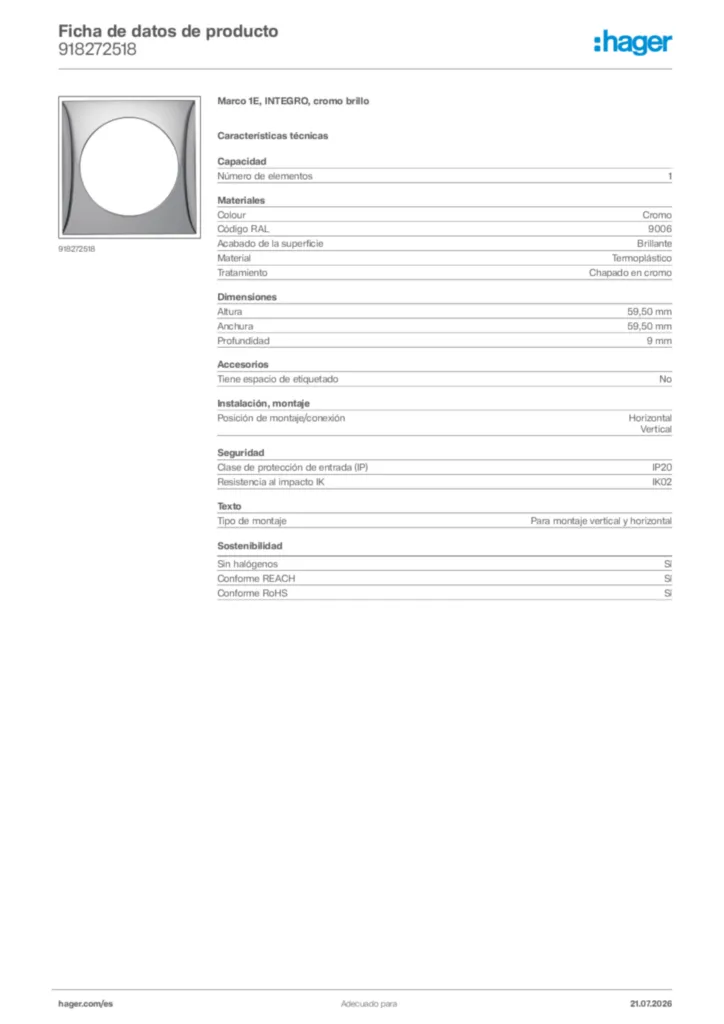 Imagen Hager Ficha de datos de producto 918272518 | Hager España