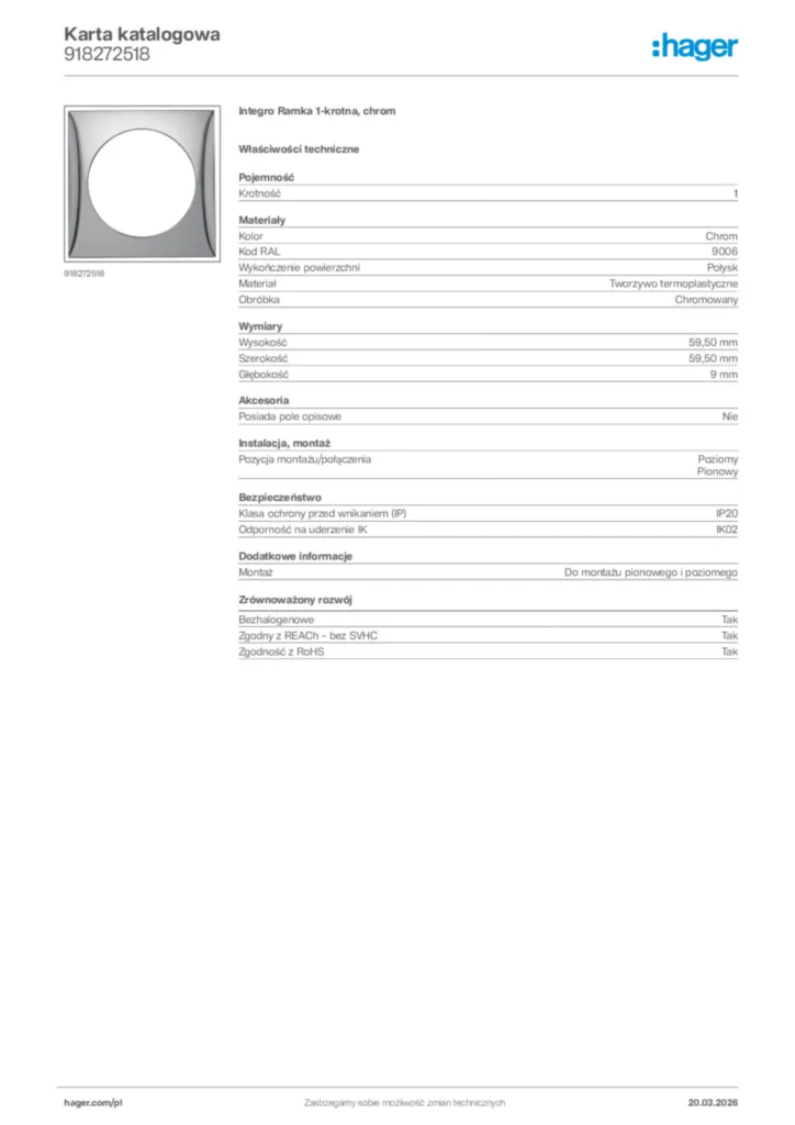Zdjęcie Hager Karta katalogowa 918272518 | Hager Polska