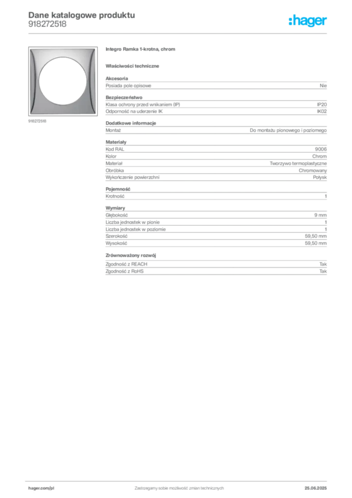 Zdjęcie Hager Dane katalogowe produktu 918272518 | Hager Polska