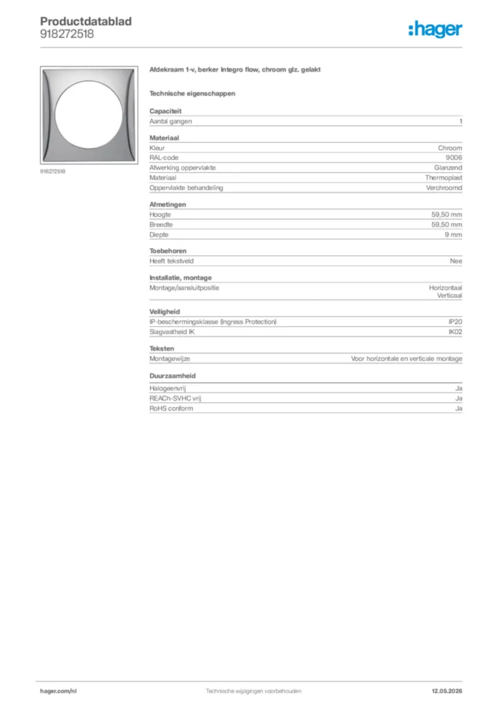 Afbeelding Hager Productdatablad 918272518 | Hager Nederland