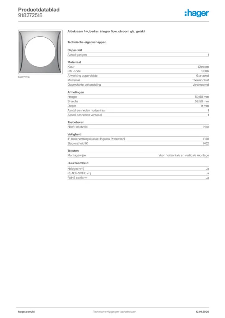 Afbeelding Hager Productdatablad 918272518 | Hager Nederland