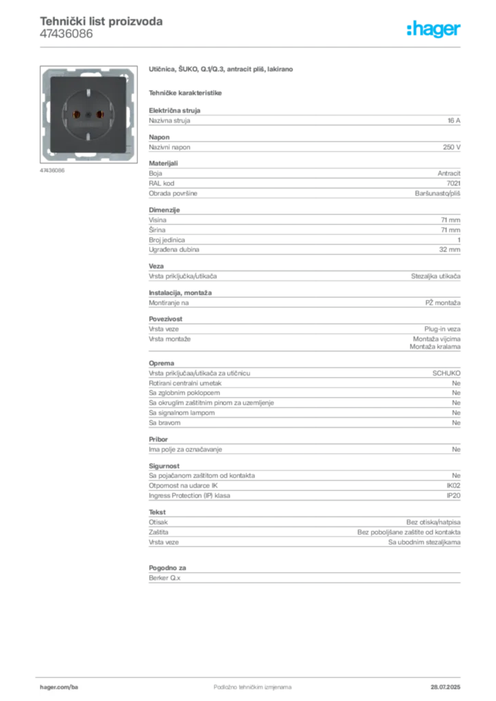 Slika Hager Product data sheet 47436086  | Hager