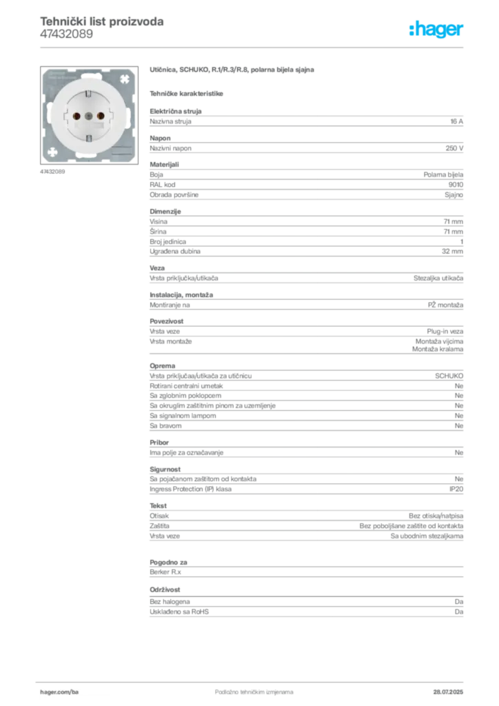 Slika Hager Product data sheet 47432089  | Hager